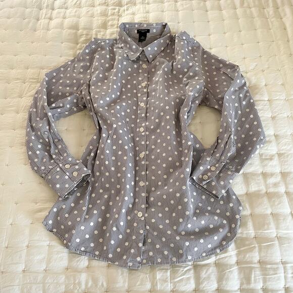 Ann Taylor Pinstripe Polka Dot Shirt Women's 10P | Navy & White Button-up | EUC - Picture 1 of 9
